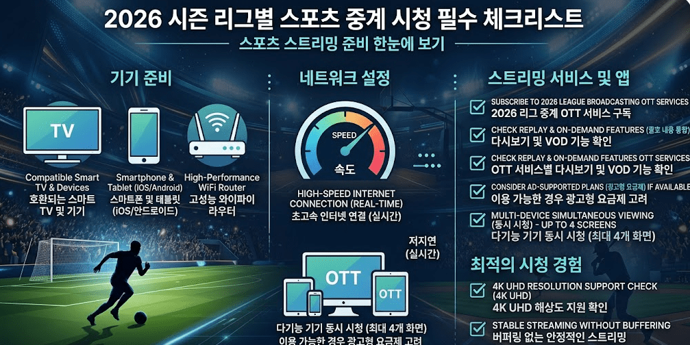 2026 시즌 리그별 스포츠 중계 시청을 위한 기기 준비, 네트워크 설정, OTT 서비스 확인 체크리스트 인포그래픽