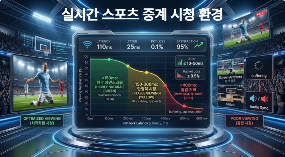 네트워크 지연 시간, 지터, 패킷 손실에 따라 실시간 스포츠 중계 시청 만족도가 어떻게 달라지는지 설명하는 인포그래픽