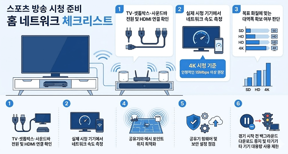 스포츠 방송 시청 전 홈 네트워크를 점검하는 체크리스트 인포그래픽으로, TV와 셋톱박스 연결 확인, 네트워크 속도 측정, 대역폭 점검, 공유기 위치 최적화, 보안 설정, 백그라운드 다운로드 제한 등의 항목을 시각적으로 안내하는 이미지